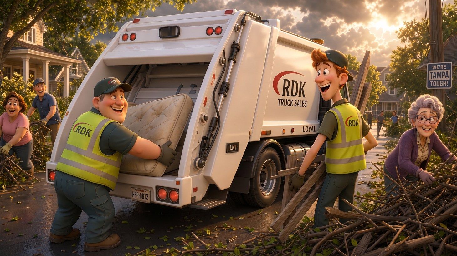 RDK crew and neighbors loading storm debris — a mattress, branches, and fence boards — into Loyal's open hopper on a Tampa street the morning after a thunderstorm