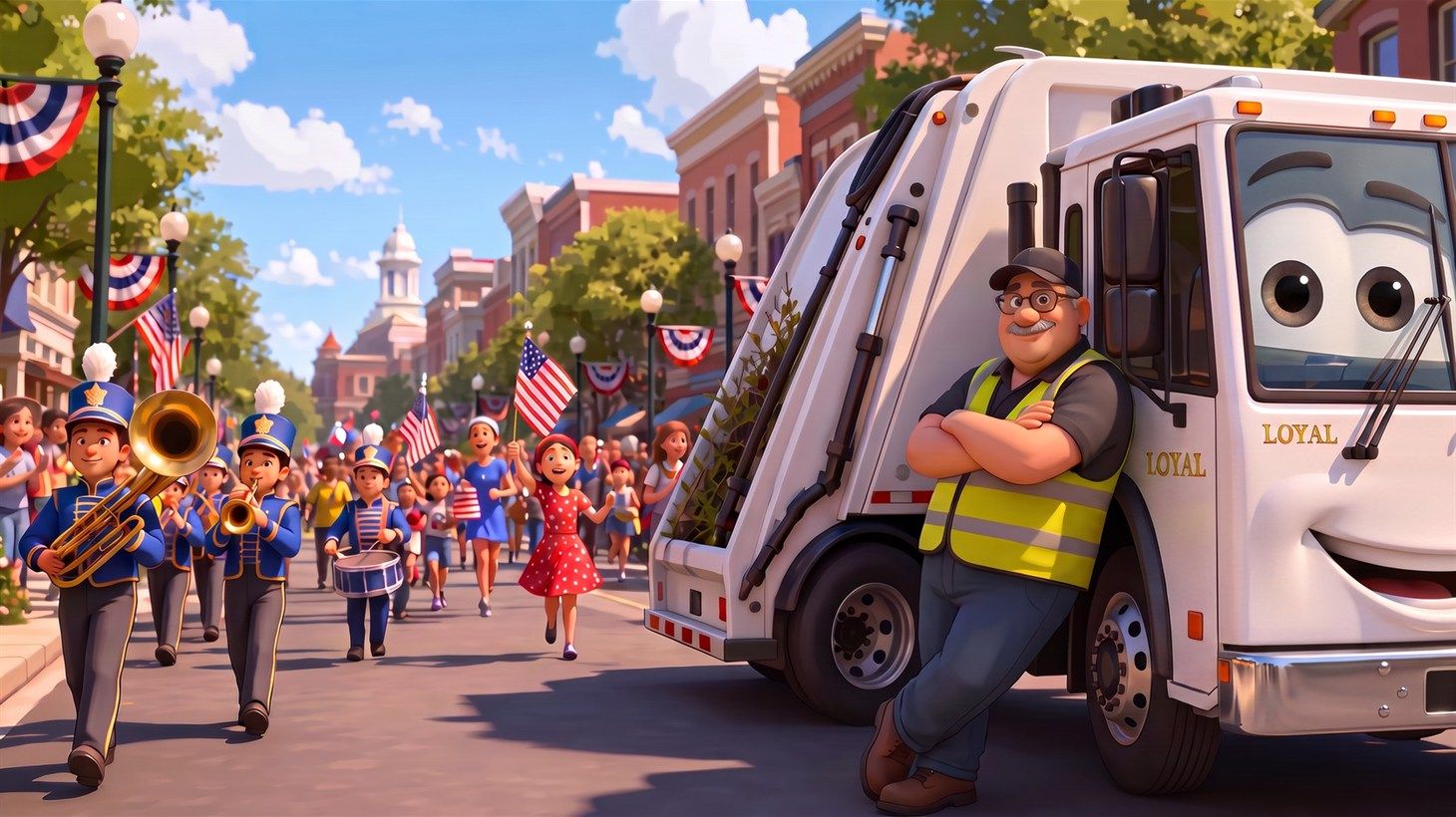 Ralph leaning against Loyal with arms crossed, watching a marching band and parade crowd pass by on a sunny, flag-lined downtown street at noon