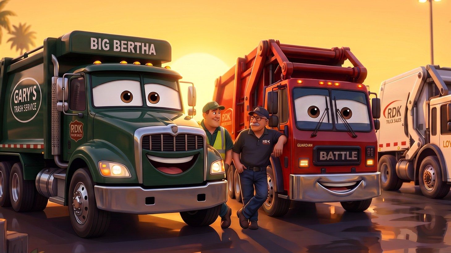 Gary and Ralph leaning against Big Bertha, a green front loader, and Guardian, a red rear loader labeled Battle, with Loyal's white cab visible at the edge of the frame, parked in the yard as the sun rises behind them