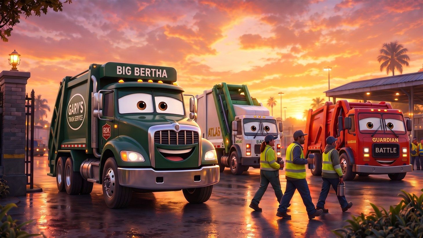 Big Bertha, Atlas, and Guardian parked at the gated yard entrance at sunset as three crew members in reflective vests walk toward the trucks carrying coffee tumblers, palm trees and a lamppost framing the scene