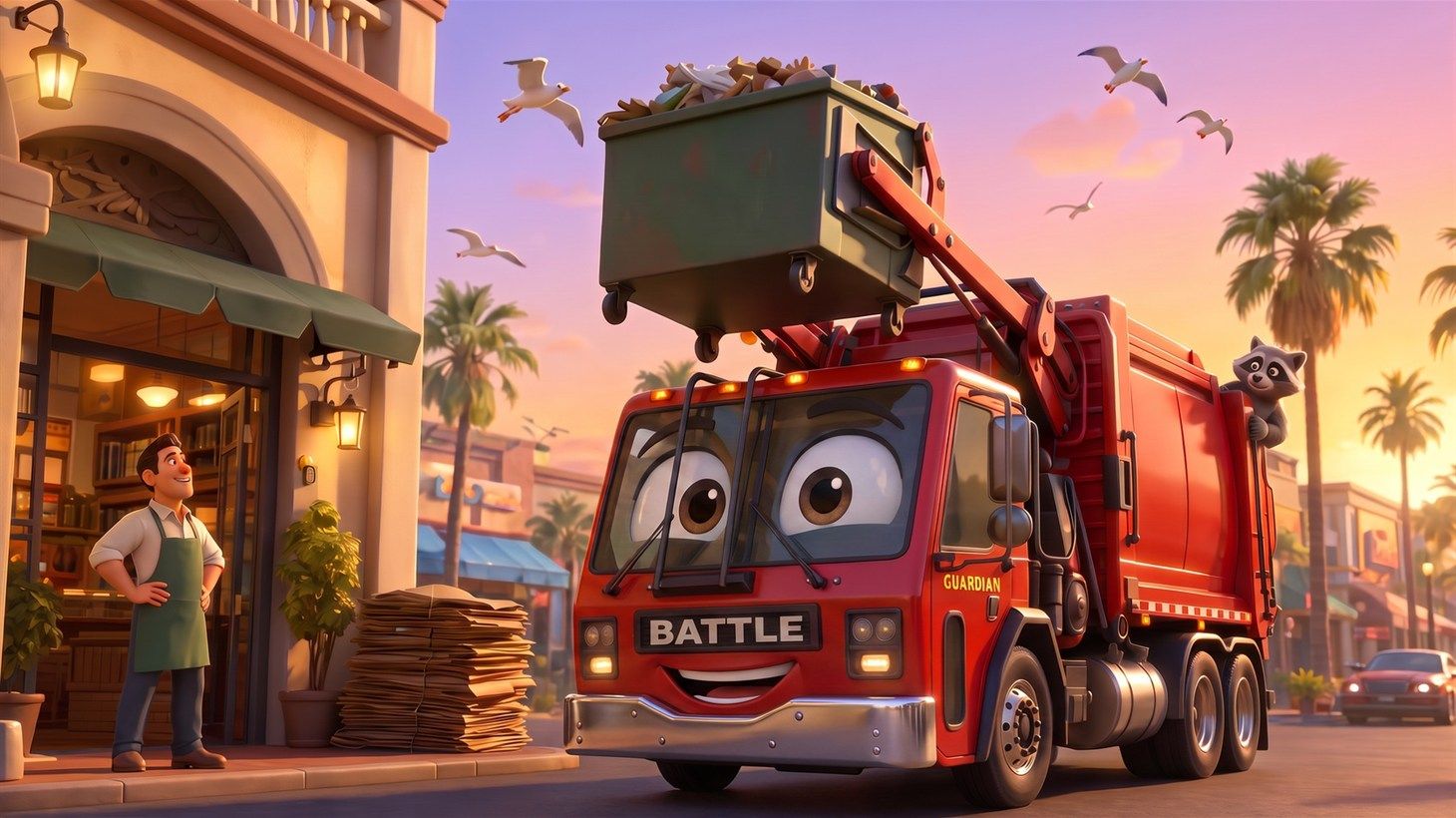 Guardian, the red rear loader labeled Battle, lifting a dumpster outside a storefront at sunset while the shopkeeper watches from the doorway, a raccoon peeking from the truck's side and seagulls circling overhead