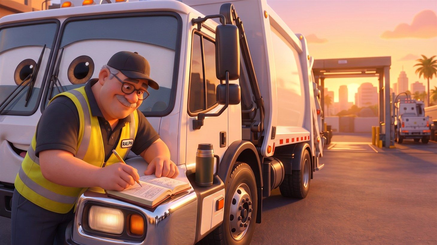 Ralph, in glasses and a yellow safety vest, leaning on a white truck's hood writing in a logbook with a coffee tumbler beside him, the city skyline glowing at sunset behind the yard