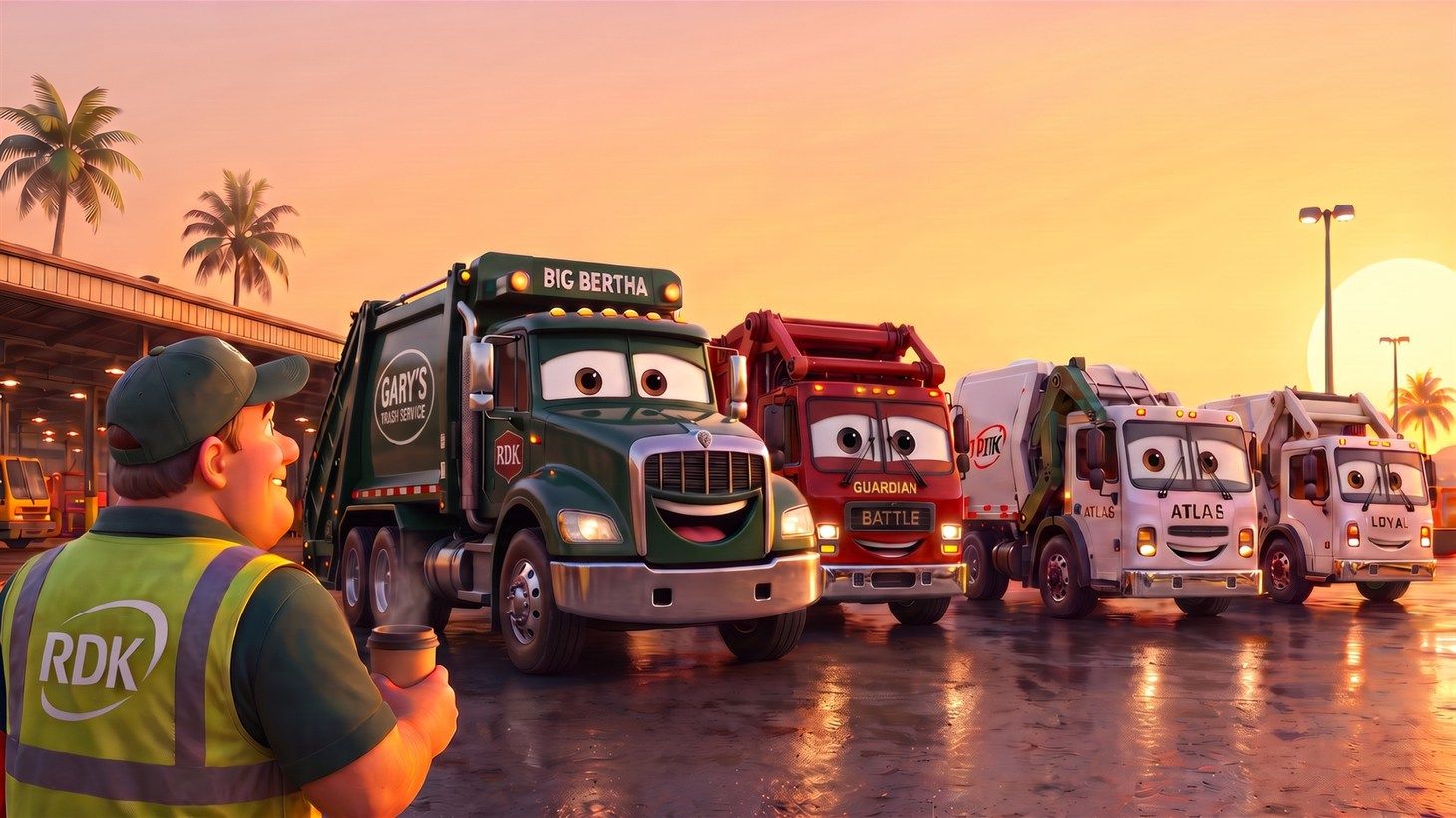 Gary in an RDK vest holding a coffee cup, looking down the line at Big Bertha, Guardian, Atlas, and Loyal parked nose to tail in the yard at sunrise