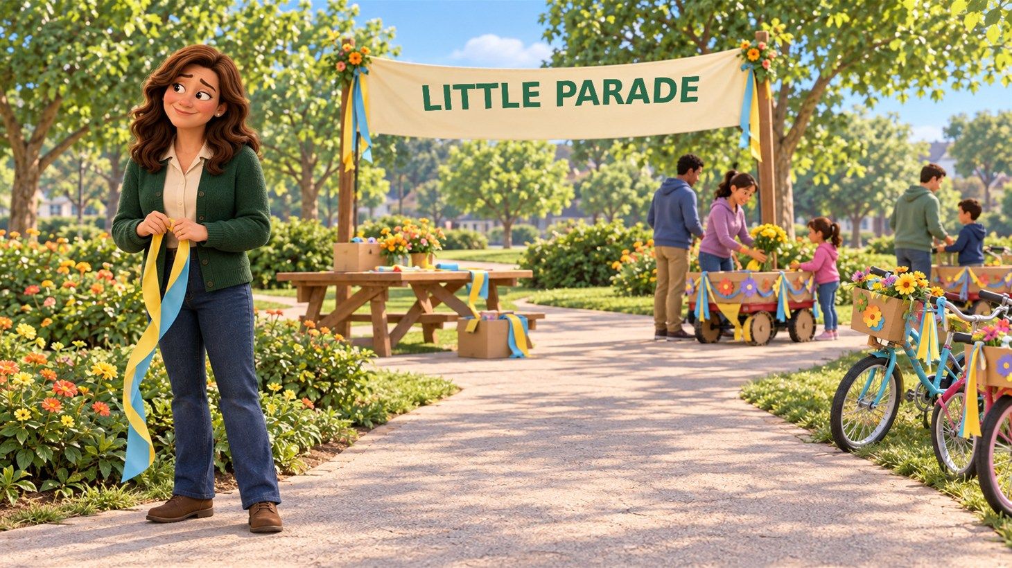 A woman in a green cardigan holding a yellow ribbon on a sunny park path, with a LITTLE PARADE banner, bicycles and wagons being decorated behind her