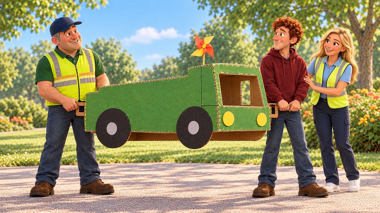 Gary in a yellow safety vest and Russ in a maroon hoodie each holding a handle of a large green cardboard garbage truck with a pinwheel on its roof, while Della watches
