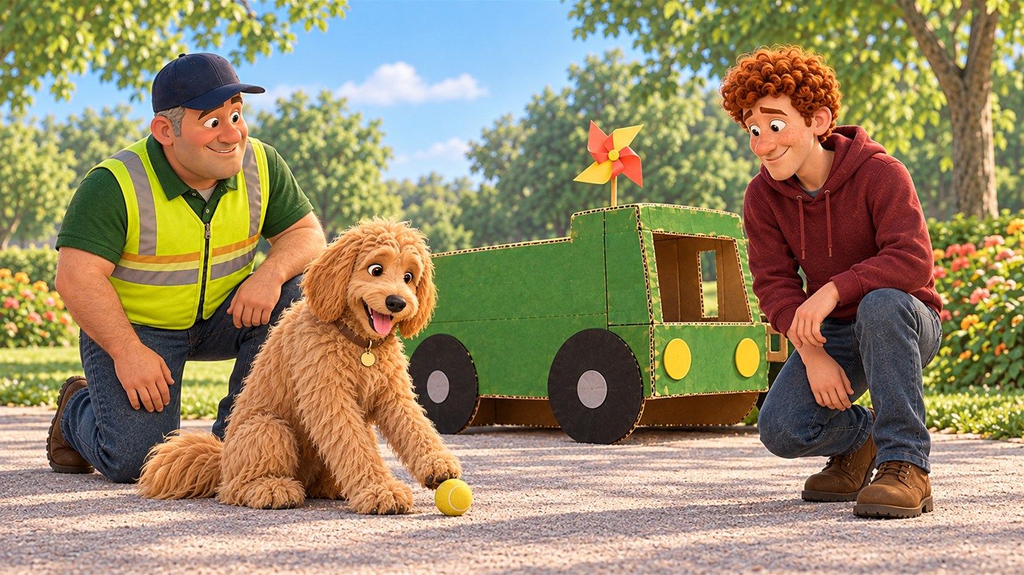 Gary kneeling in the grass beside Emi, the golden doodle, who sits with a tennis ball near the green cardboard truck while Russ looks on