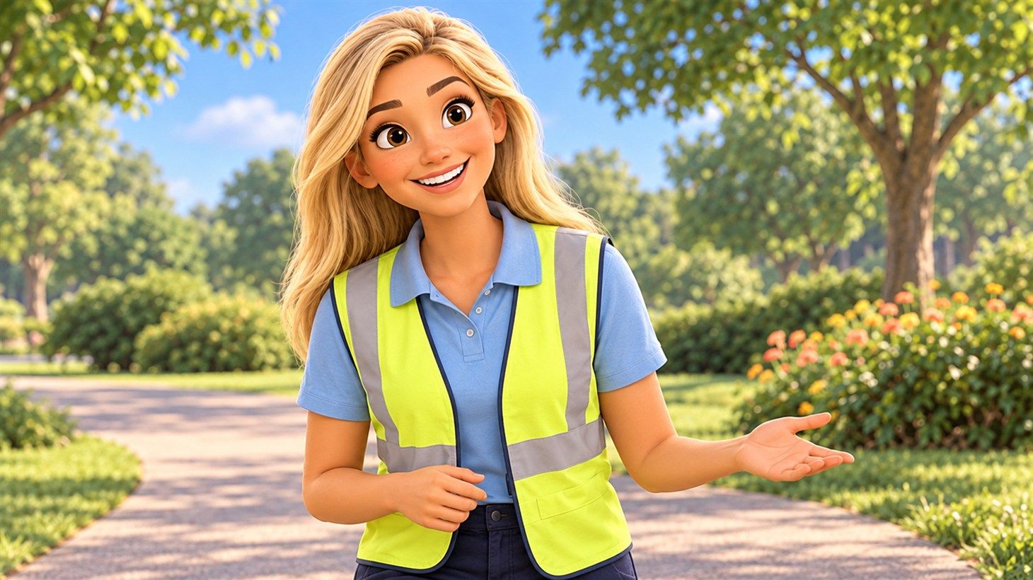 Della, a smiling young woman with long blonde hair in a hi-vis safety vest, welcoming people to the little parade