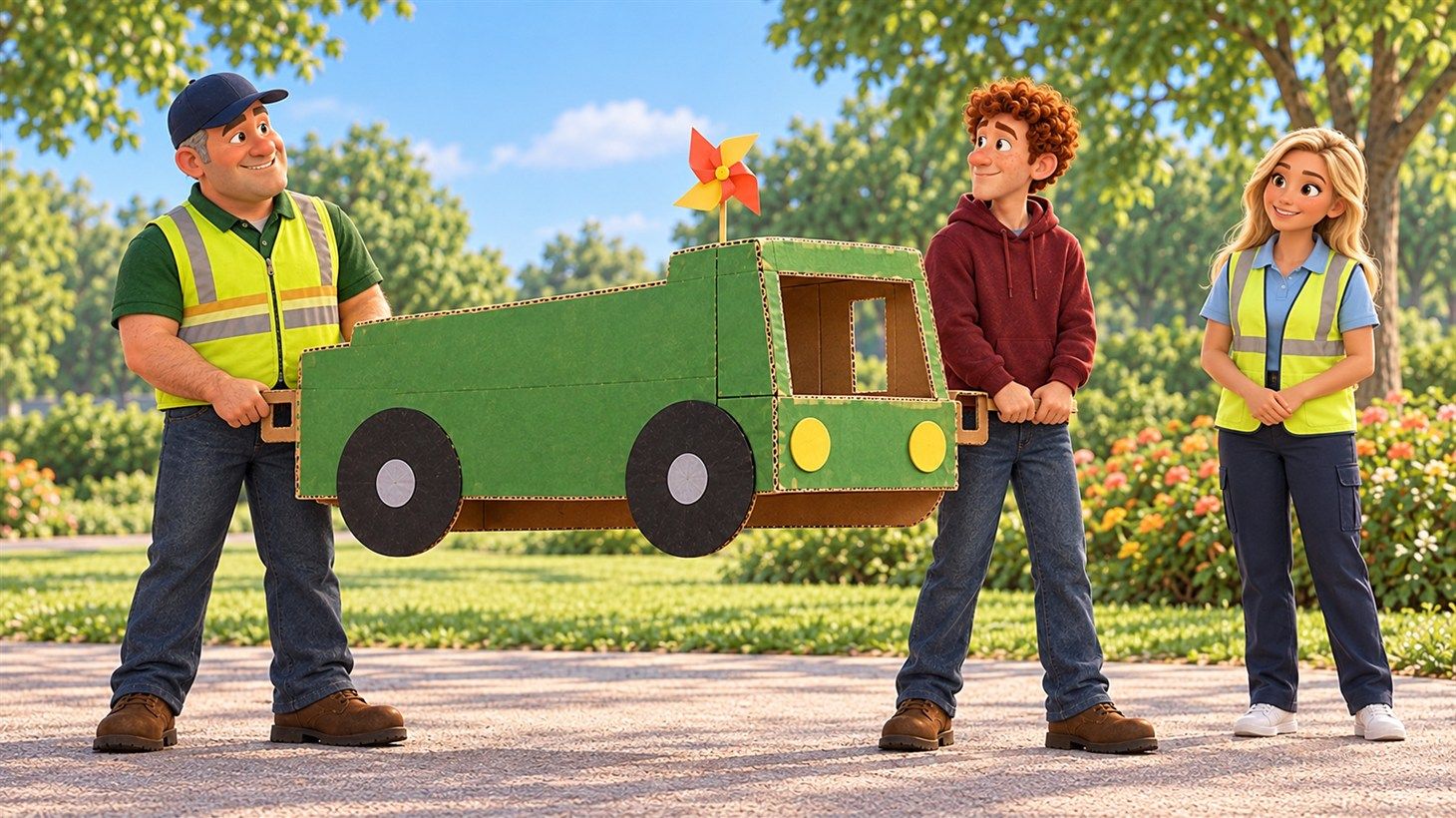 Gary and Russ standing on either side of the level green cardboard truck while Della checks their handholds