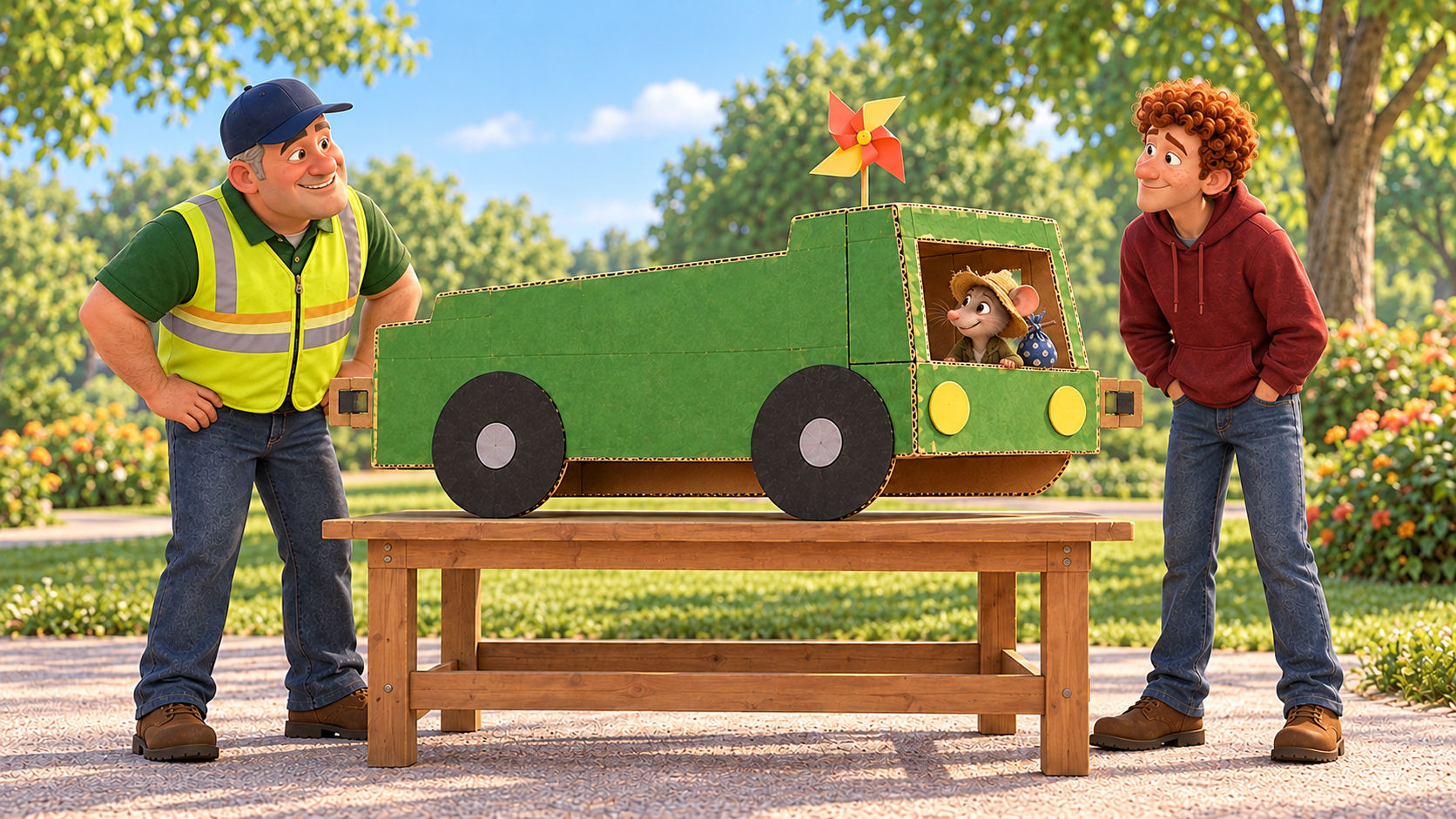 Pepe the mouse in a straw hat peeking out of the window of the green cardboard truck on a wooden table while Gary and Russ watch