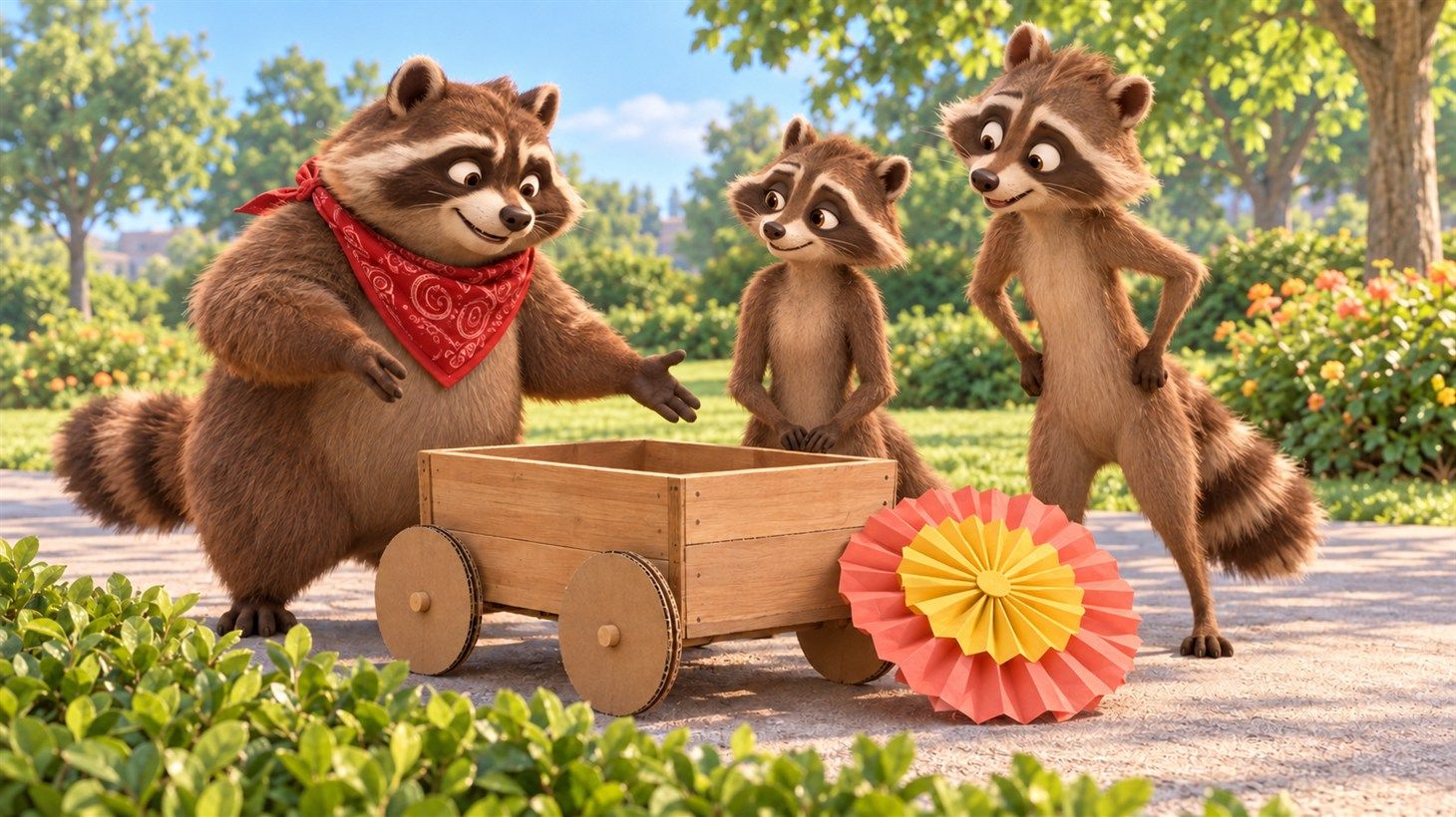 Carlos the raccoon in a red bandana beside a small wooden cart with a paper rosette while two other raccoons look on