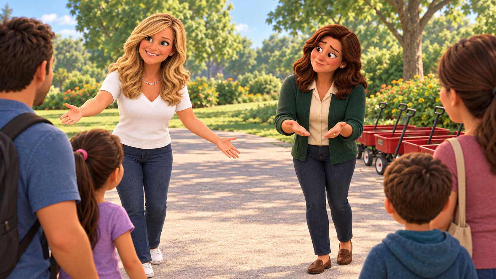 A smiling woman with long blonde hair in a white top opening her arms to welcome families and children onto the wide, shady path, with a woman in a green cardigan beside her