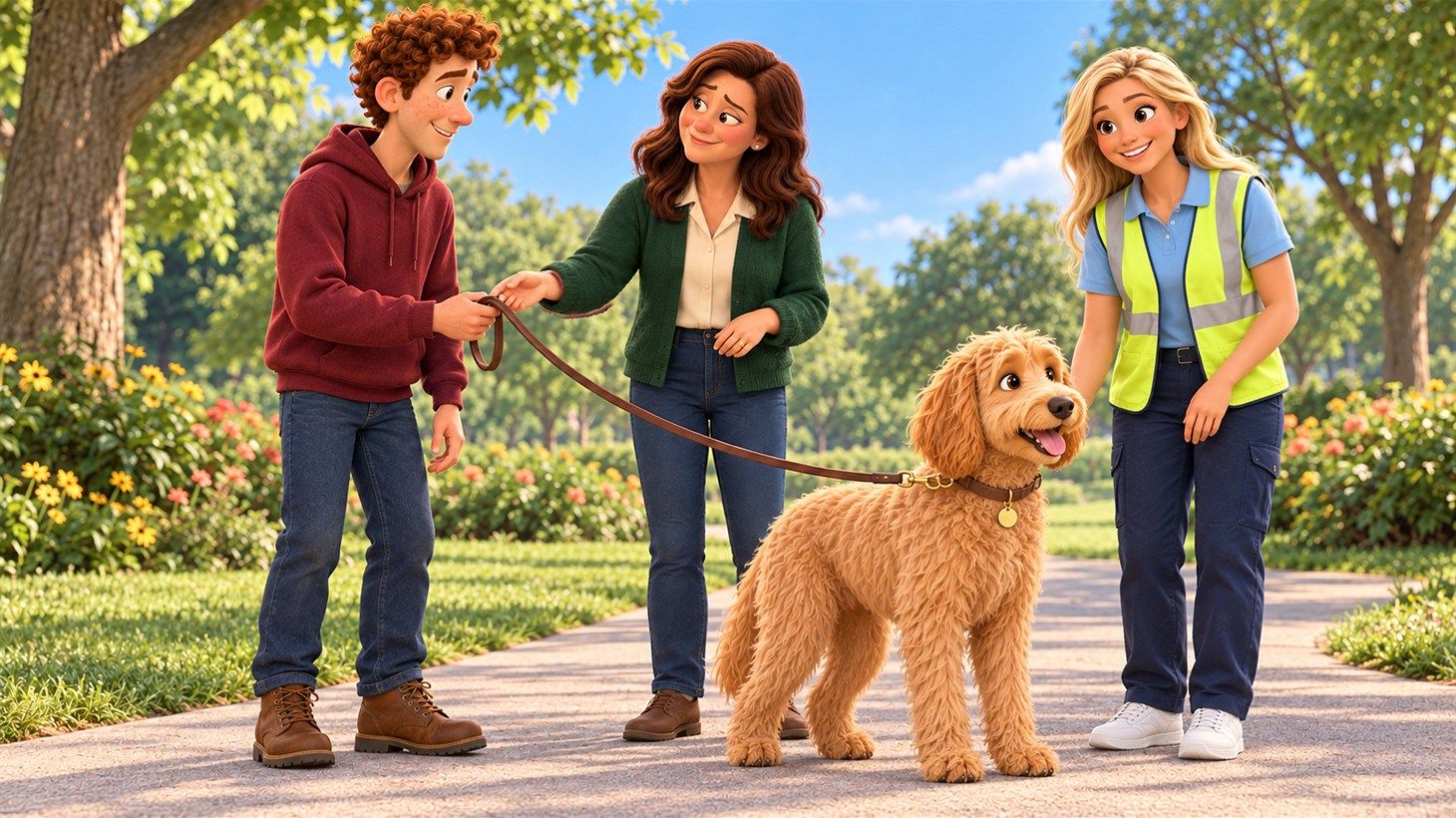 Russ, Mimi, Linda and Della on the path with Emi the golden doodle on her lead, ready to lead the first steps of the parade