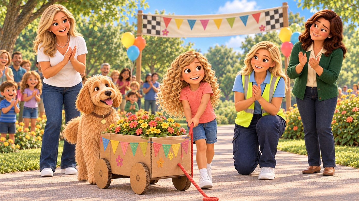 Ryleigh pulling her flower-filled wagon beside Emi under a checkered finish banner while families cheer