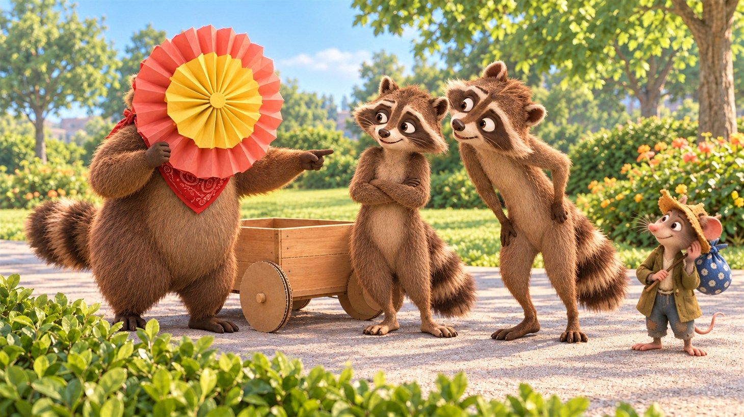 Three raccoons and Pepe the mouse around a cart as an enormous paper rosette blocks Carlos's view