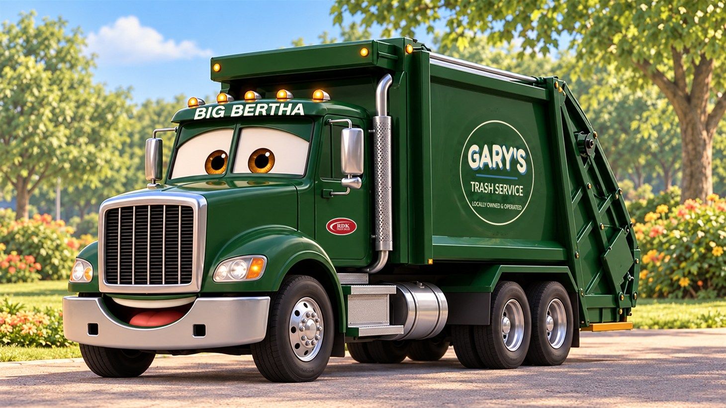 Big Bertha, the green rear loader garbage truck with friendly eyes and a welcoming smile, parked in the sunny park