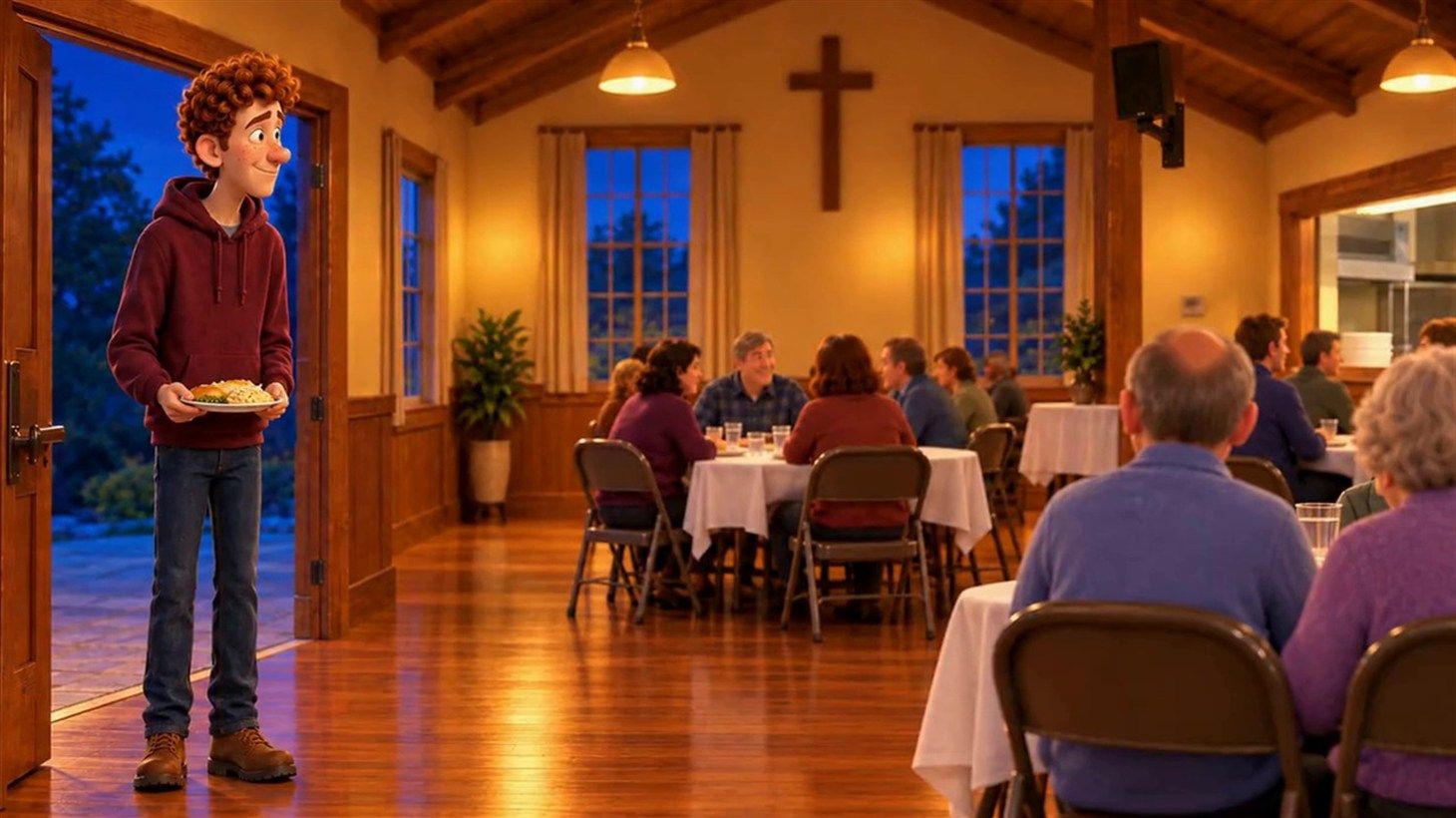 Russ, a tall teenager with curly red hair and a maroon hoodie, standing in the doorway of a church hall holding a plate of food while other tables are full of people