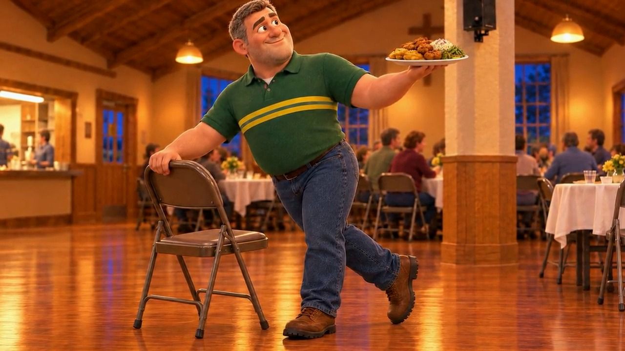 Gary leaning sideways between folding chairs, balancing a tall plate of catfish and hush puppies on one raised hand across the parish hall
