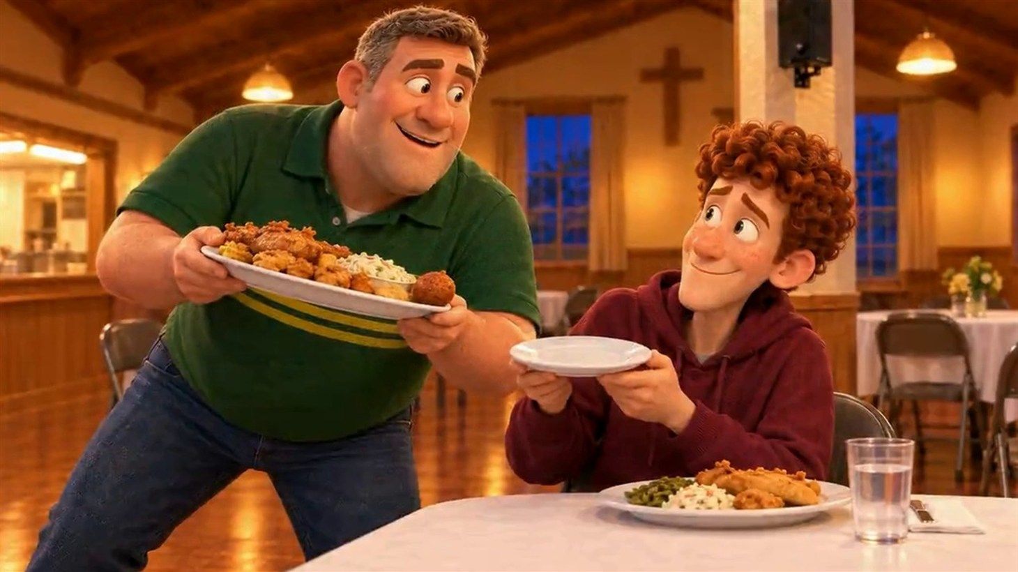 Russ catching a rolling hush puppy on an empty saucer while Gary, balancing a plate piled high with catfish, leans over the table and smiles
