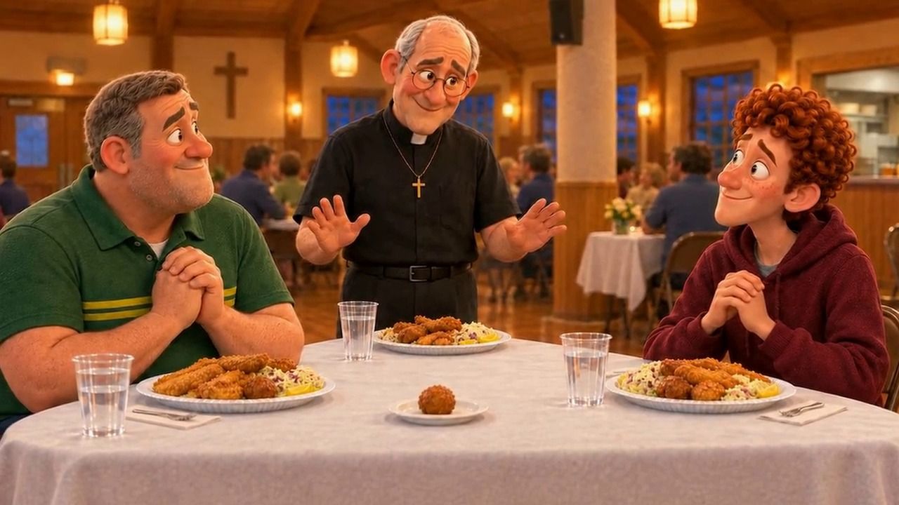 Father Dom raising his hands in blessing at the table while Gary, hands folded, eyes his plate and Russ looks on, with a single hush puppy on a saucer between them