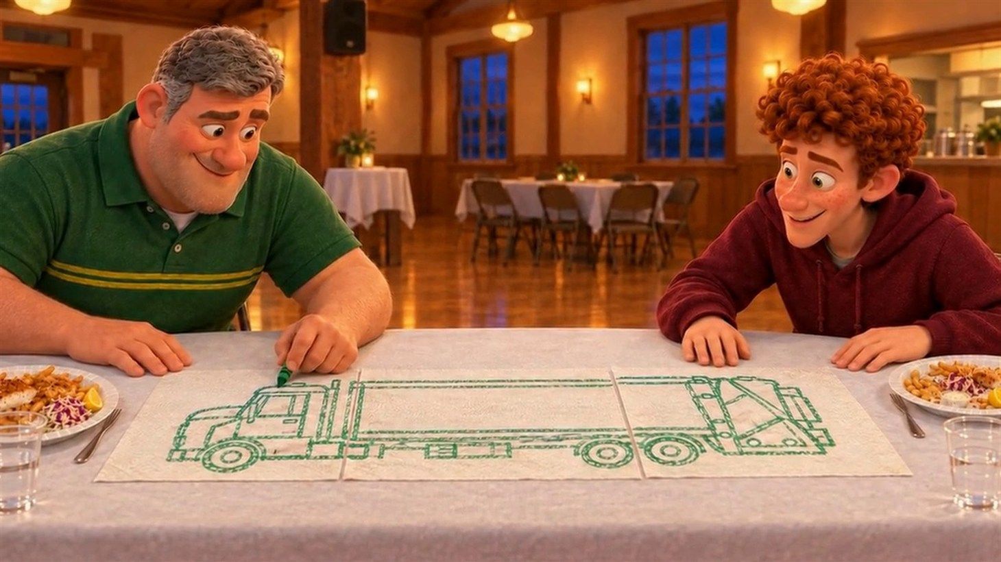 Gary and Russ leaning over a long table where a green crayon drawing of Big Bertha, a rear loader garbage truck, stretches across several taped-together napkins