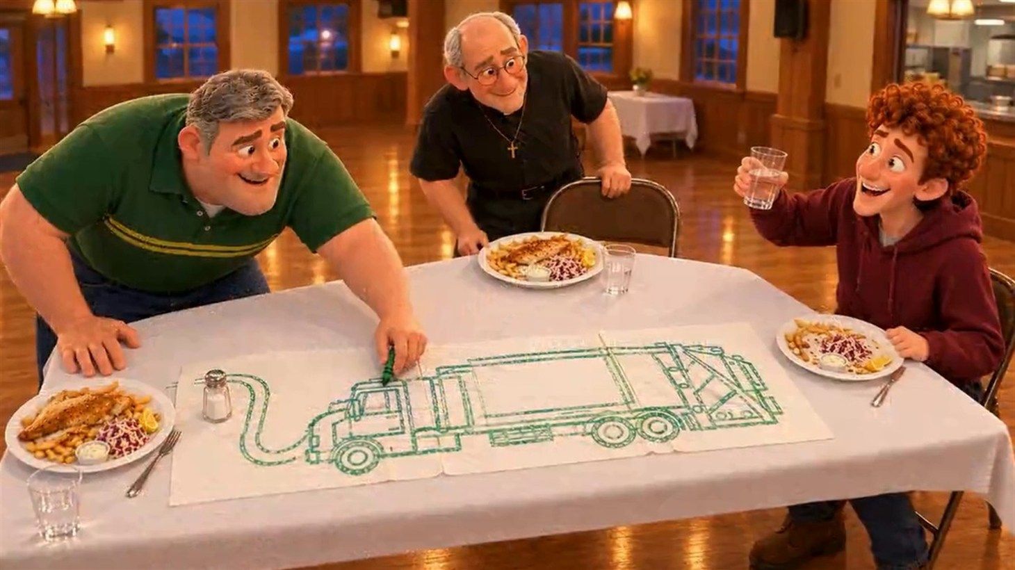 The napkin drawing of Big Bertha now has a crayon road looping around a salt shaker while Father Dom looks on from behind Gary and Russ raises a glass, laughing