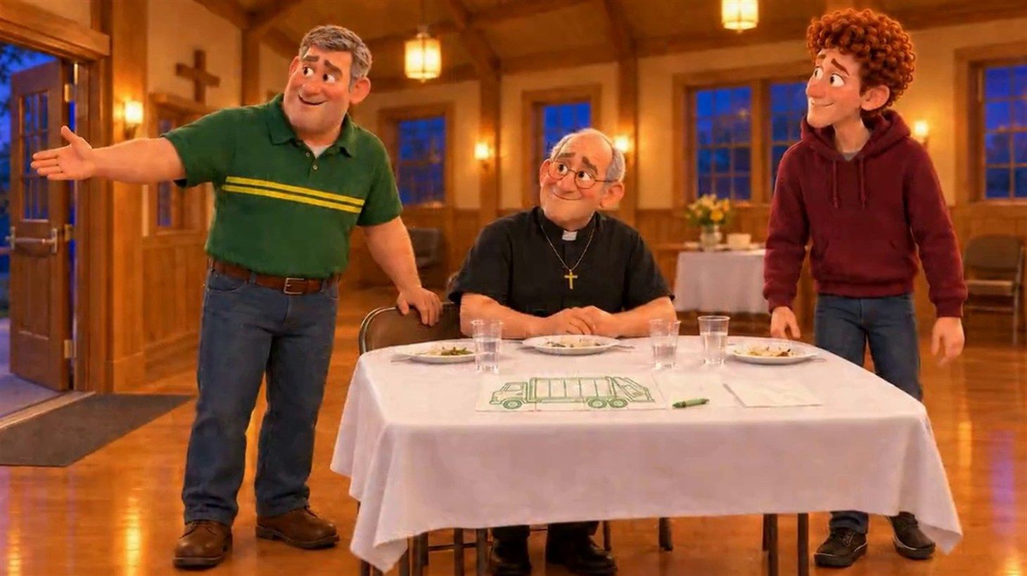 Gary in a green polo gesturing toward the door while Father Dom sits at a table with a napkin drawing of a truck and Russ stands beside him smiling