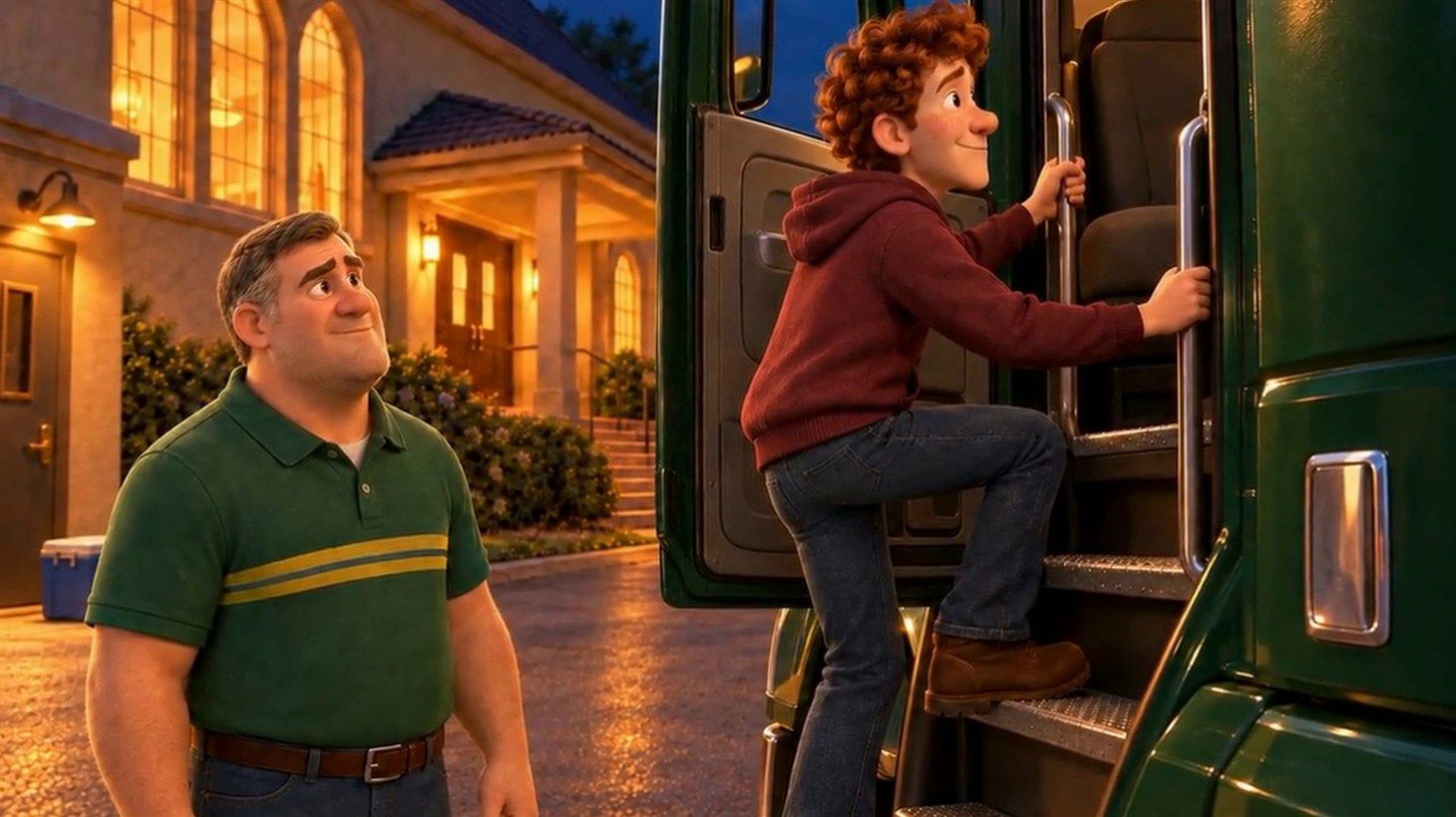 Russ in his maroon hoodie climbing the steps into the dark green cab of Big Bertha, gripping the grab rails, with the door badge visible beside him