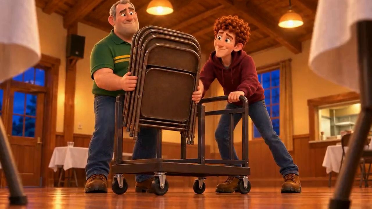 Gary hugging a tall stack of folded chairs while Russ pushes a wheeled chair rack toward them, both smiling, in the warm parish hall