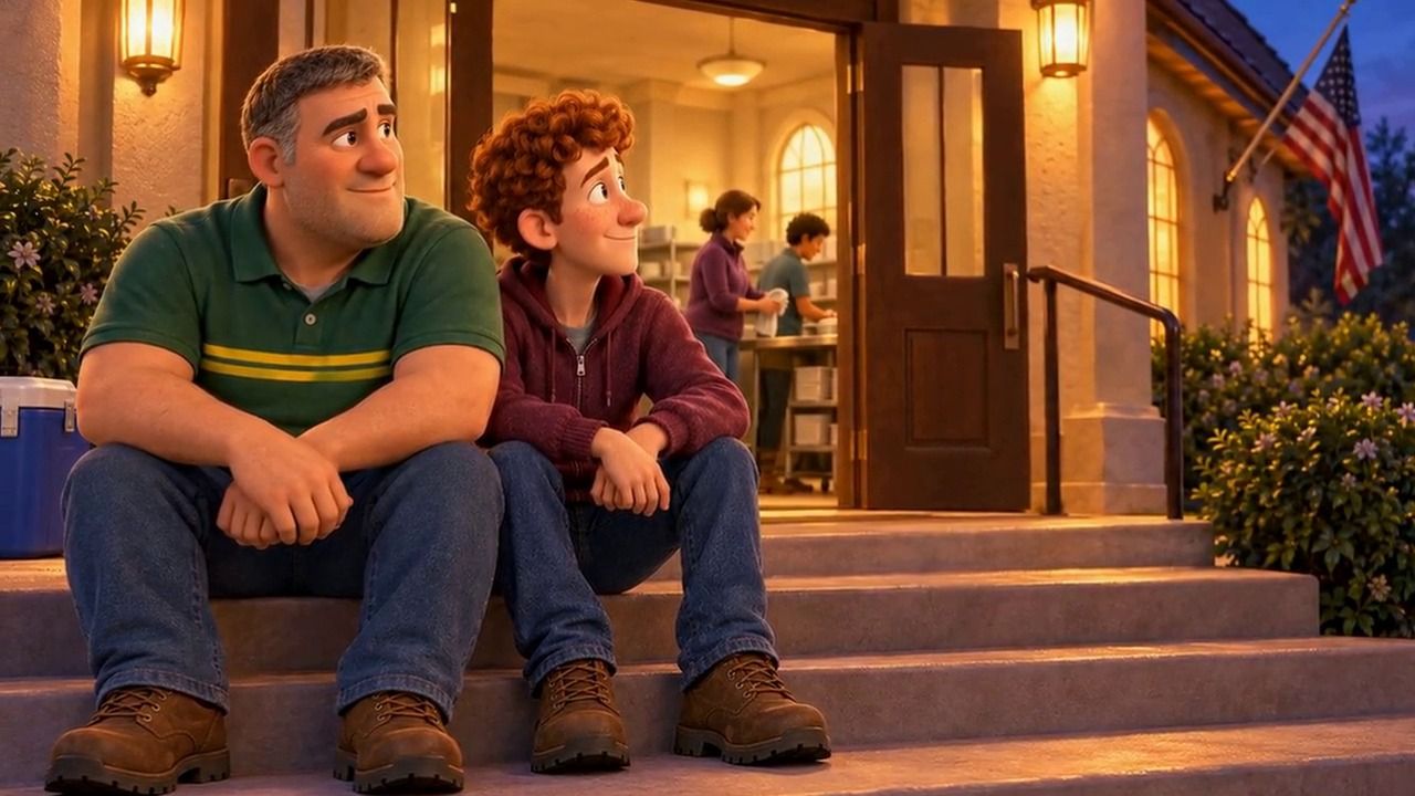 Gary and Russ sitting side by side on the church steps at dusk with the warm lit hall doorway behind them