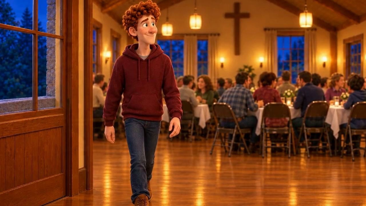 Russ in his maroon hoodie walking confidently across the parish hall floor toward the crowded tables, with a small smile
