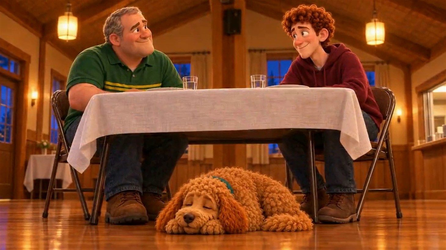 Gary and Russ seated at a white-draped table in the parish hall while Emi, the curly goldendoodle, sleeps on the floor beneath it