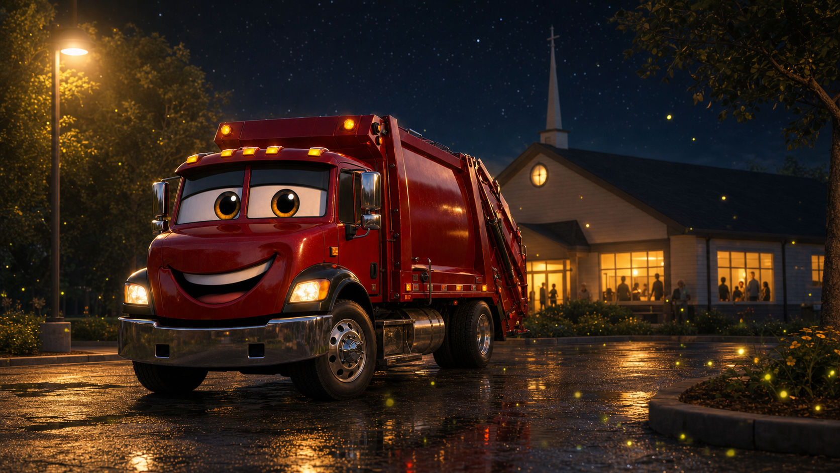 Big Bertha, RDK Truck Sales' red rear loader garbage truck, parked outside a Tampa church at night with amber lights glowing