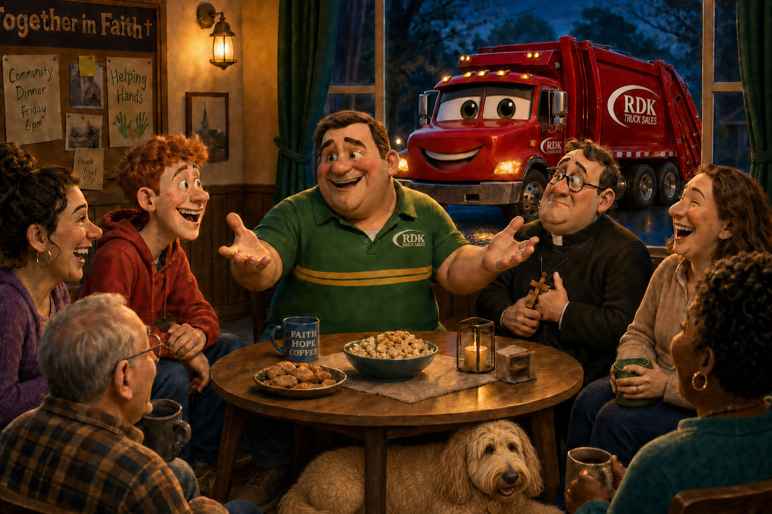 Gary, Russ, Father Dom, and friends laugh around a table while Big Bertha, RDK Truck Sales' red garbage truck, waits outside