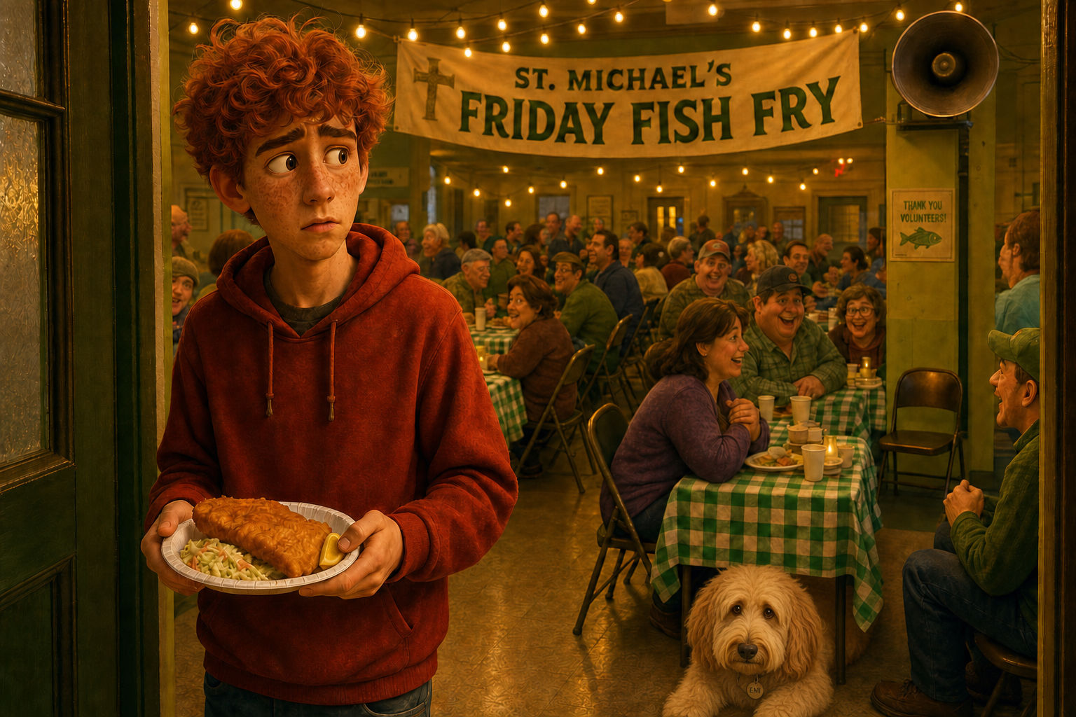 Gary the Garbage Man Part 2: teen Russ stands alone holding a fried fish plate at a church fish fry, RDK Truck Sales story