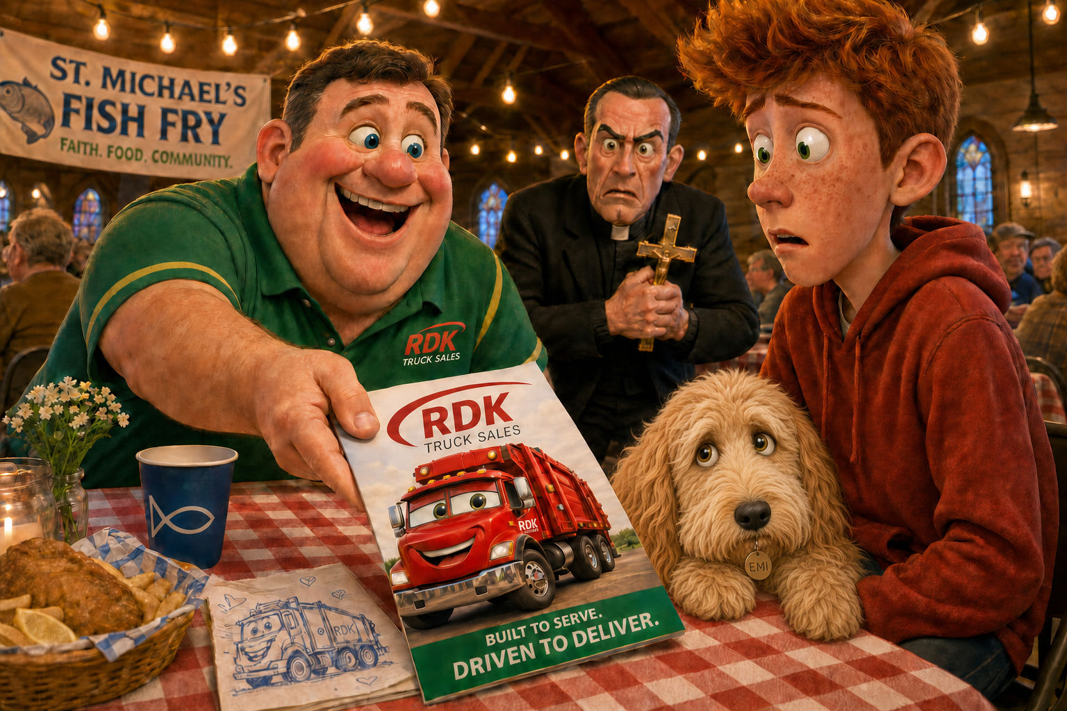 RDK Truck Sales employee Gary hands a company brochure across a fish fry table to teenager Russ as Father Dom looks on