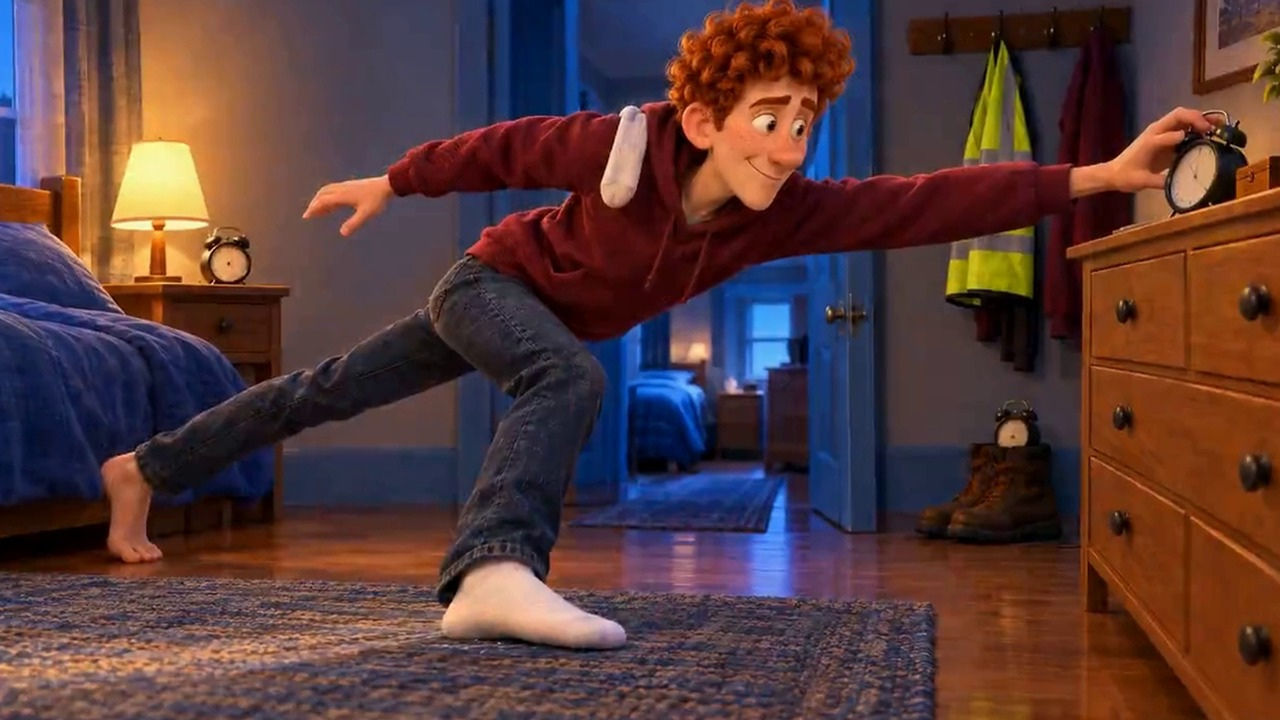 Russ in socks stretching across the bedroom rug to reach an alarm clock on the dresser