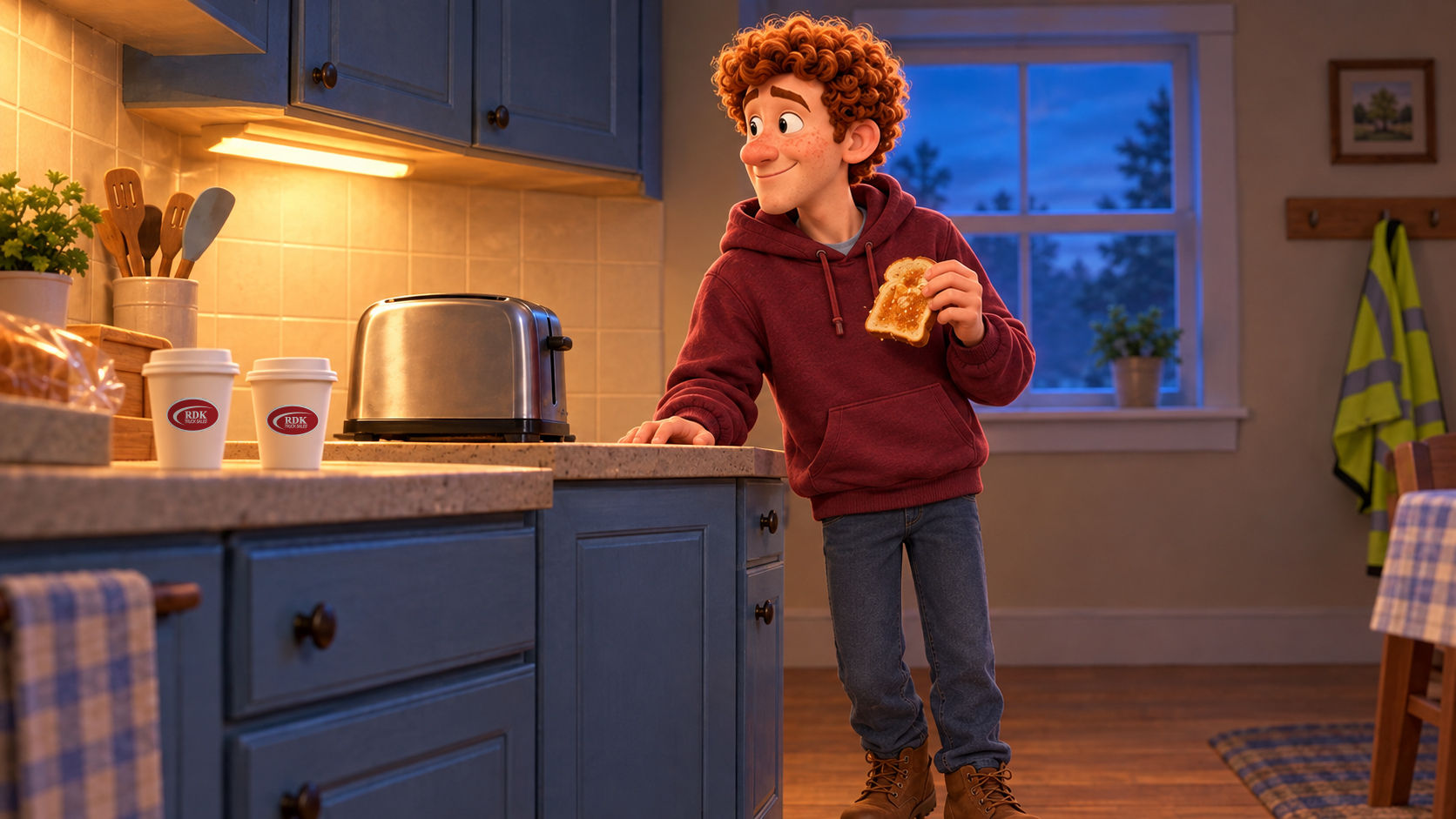 Russ in a maroon hoodie biting a piece of toast in a warm kitchen, with two coffee cups and a toaster on the counter