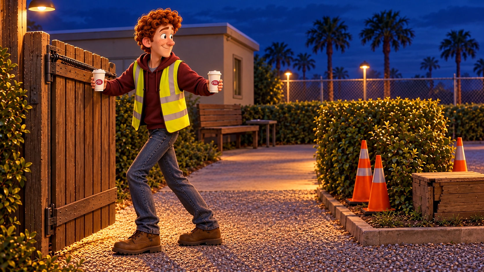 Russ in a maroon hoodie and hi-vis vest turning sideways to squeeze past a swinging wooden gate while carrying two coffees at dawn