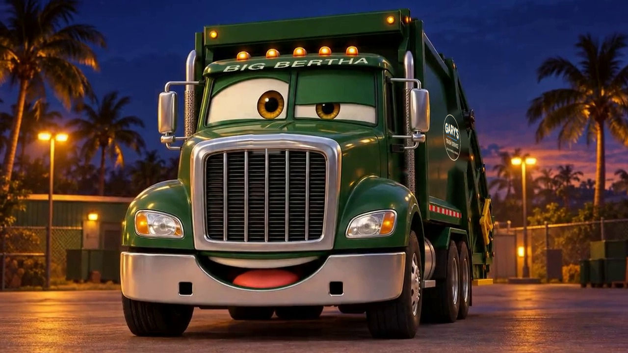 Big Bertha, the green rear loader garbage truck, with one warm golden headlight eye open at night