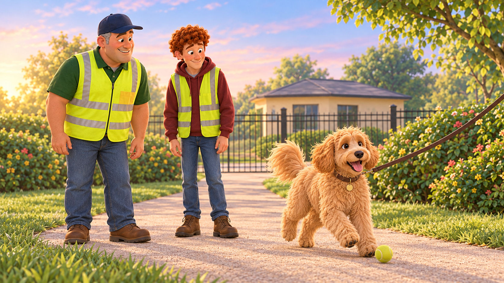 Gary and Russ in hi-vis vests on the garden path as Emi, the curly golden doodle, runs up with a tennis ball