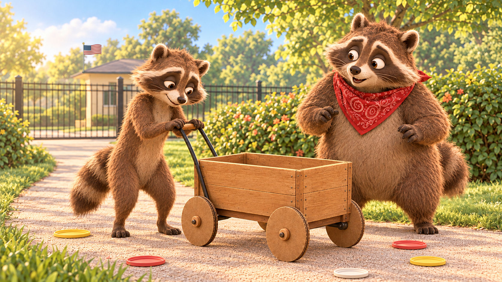 Two raccoons in the sun, one in a red bandana, pushing a small wooden cart across scattered paper lids