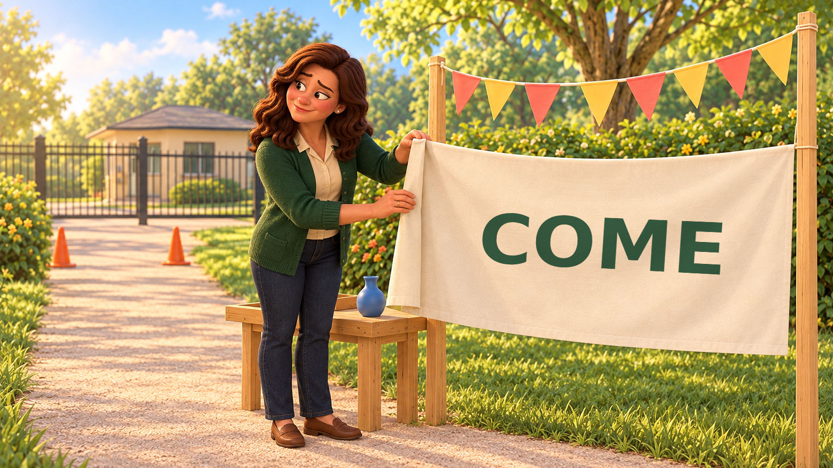 A woman in a green cardigan holding up a paper banner that reads COME because one end has folded over in the breeze