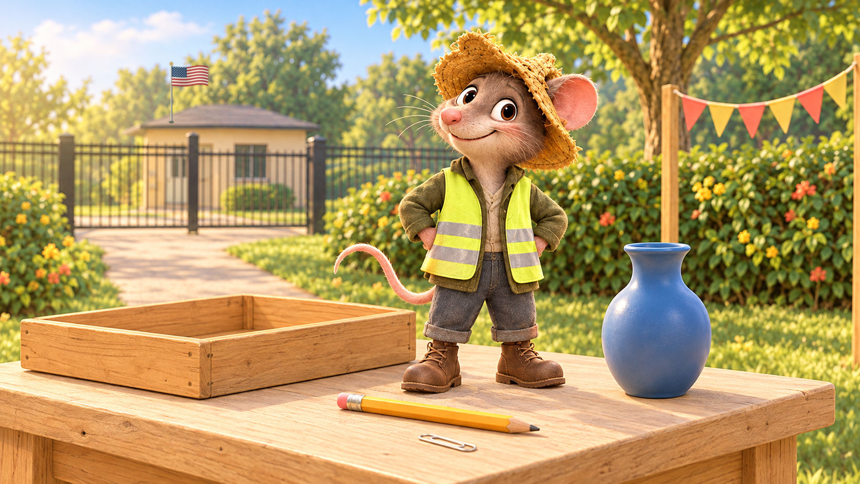 Pepe the mouse in a straw hat and bright hi-vis safety vest standing very straight on a wooden table next to a blue vase and a paper clip