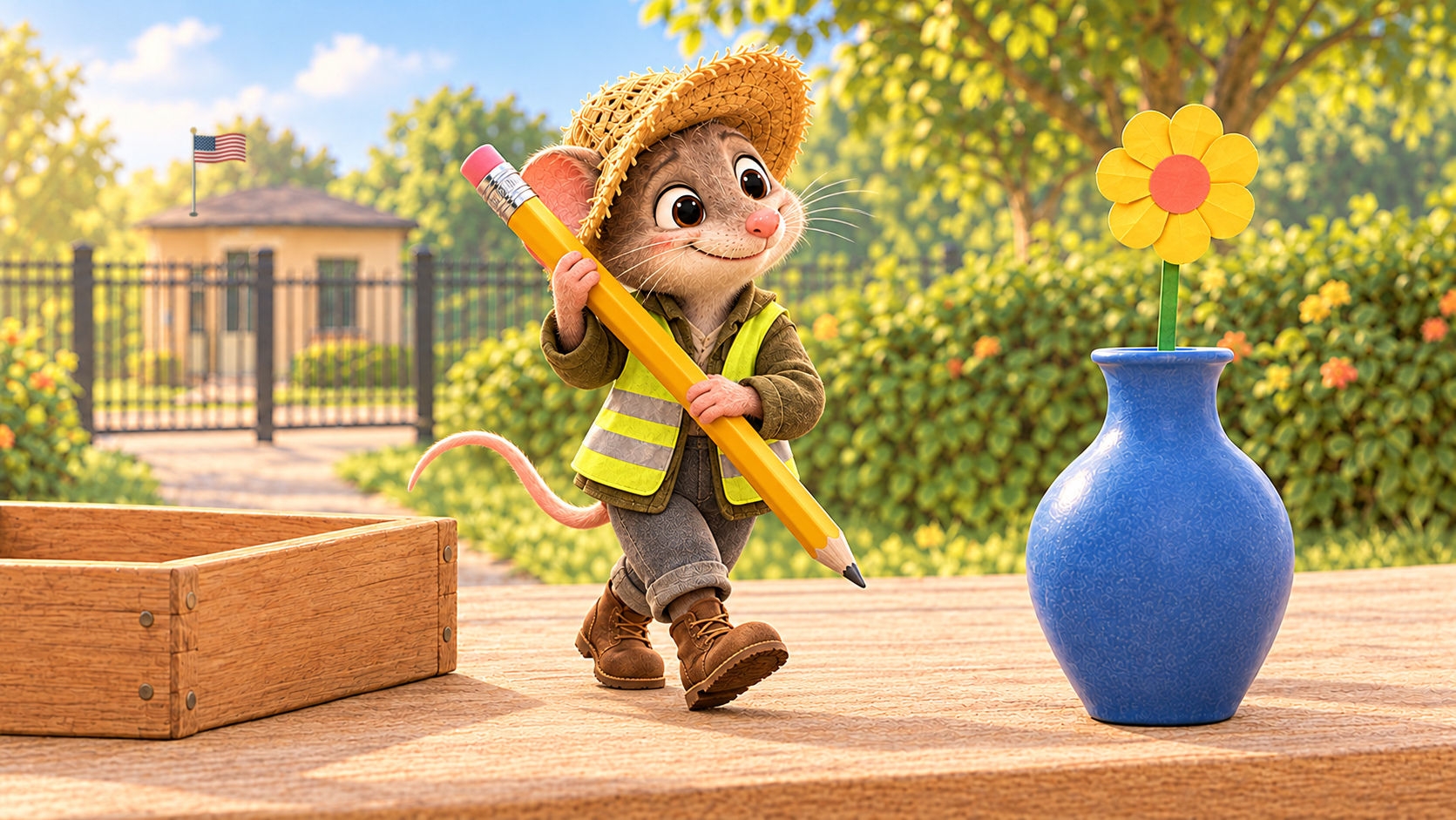 Pepe the mouse in a safety vest carrying a long yellow pencil across the worktable past a blue vase with a yellow flower