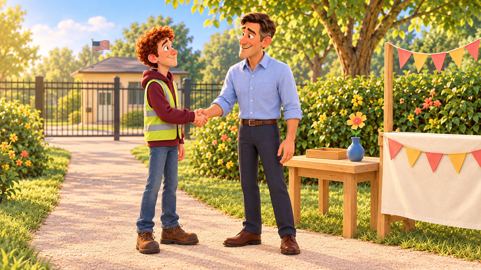Russ in a hi-vis vest shaking hands with Mark in a blue shirt beside the welcome table