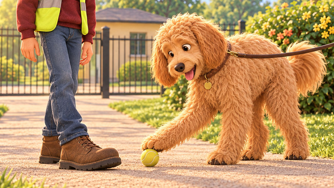 Emi, the curly golden doodle, leaning toward a tennis ball by Russ's boots on the garden path