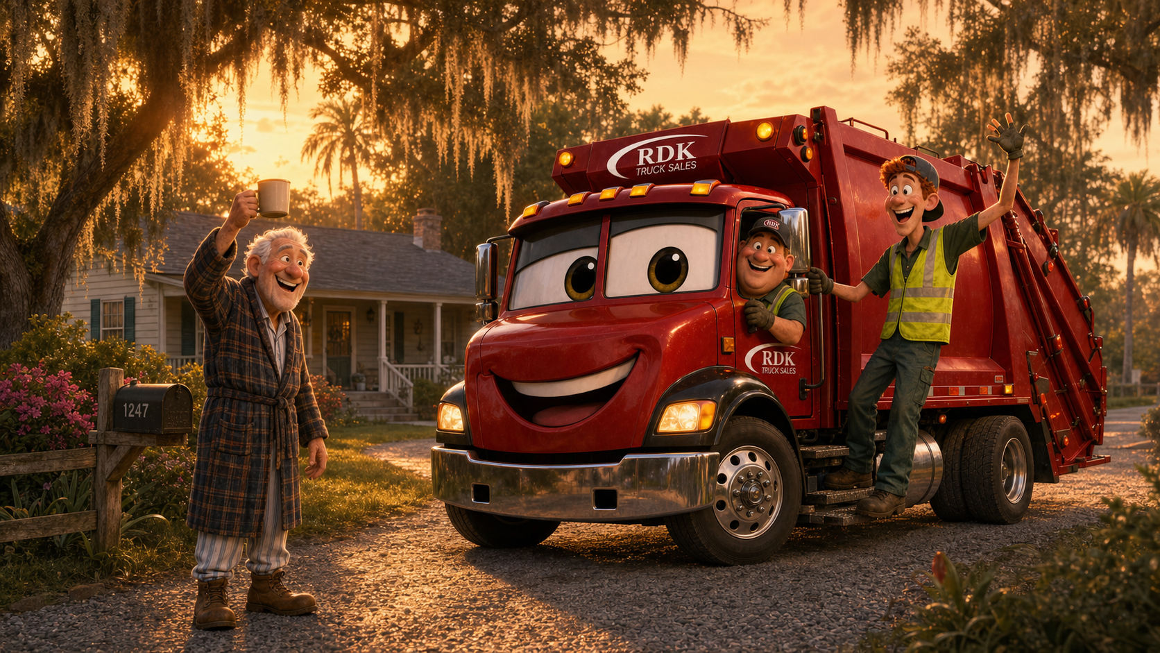 Earl Smitty waves his coffee mug in his bathrobe as Gary and Russ wave from Big Bertha, RDK Truck Sales' red garbage truck, on his driveway