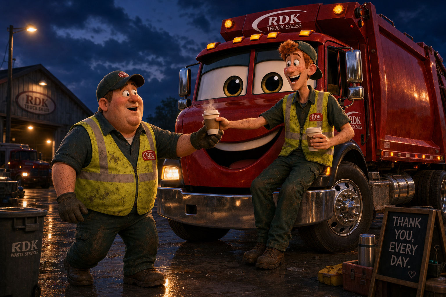 RDK Truck Sales employees Gary and Russ share coffee outside the yard beside an RDK Waste Services thank you sign at sunrise