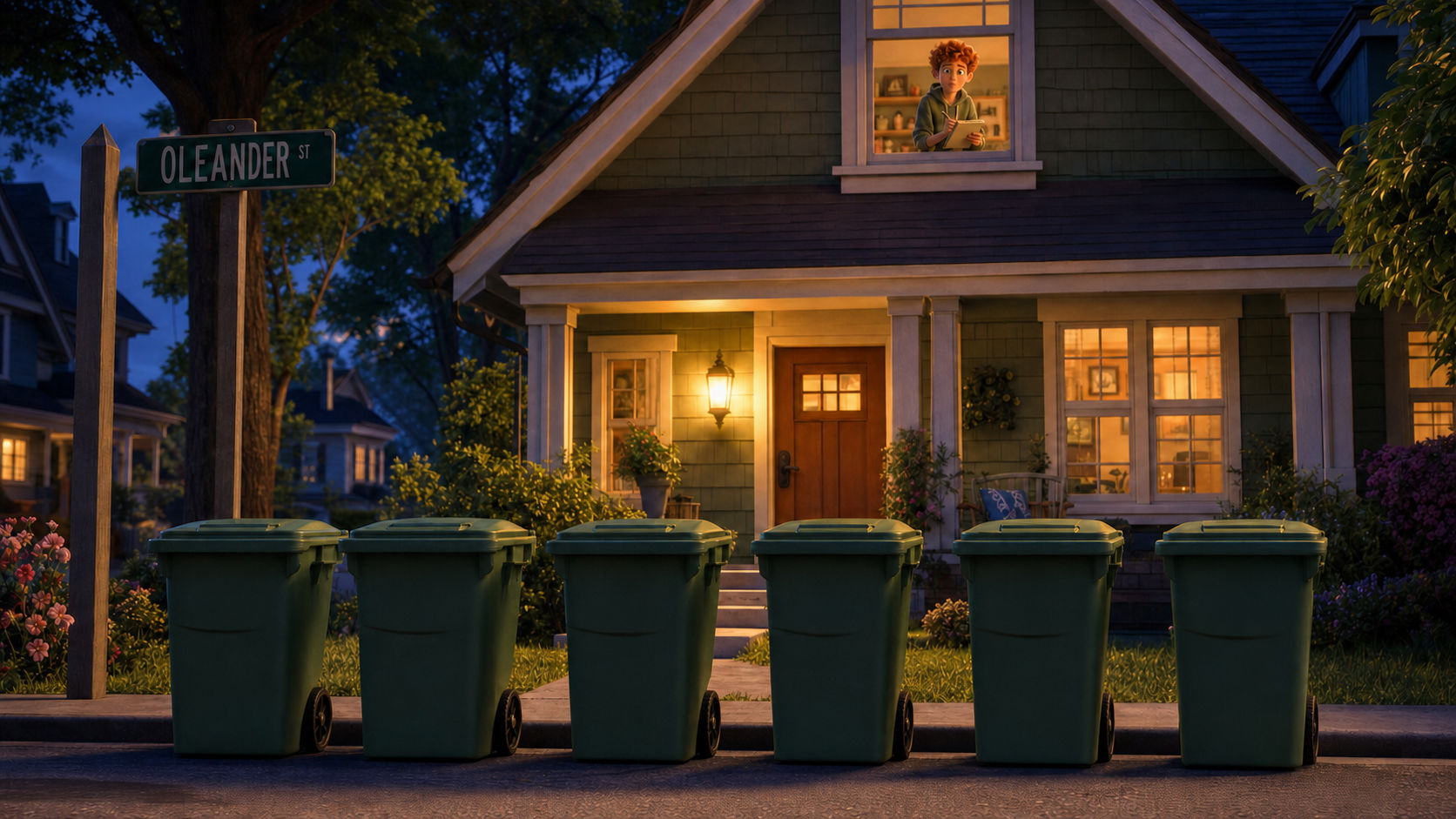 Six green trash cans lined up handles-out on Oleander Street while Russ watches from an upstairs window, RDK Truck Sales garbage route story