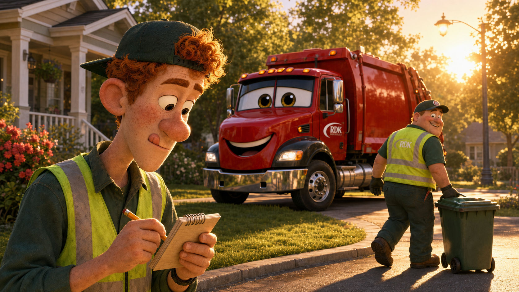 Teen trainee Russ writes in a notebook at stop twelve while Gary the Garbage Man wheels a trash can toward Big Bertha, RDK Truck Sales' garbage truck